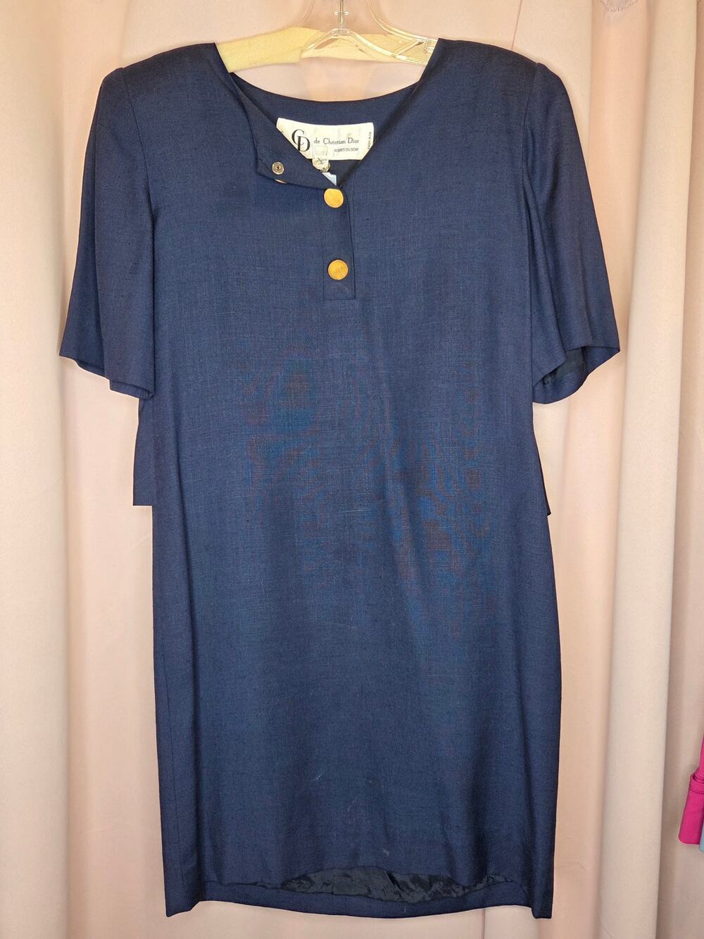 Christian Dior Robes du Soir Navy Blue Henley Shift Dress with Gold Buttons-Navy